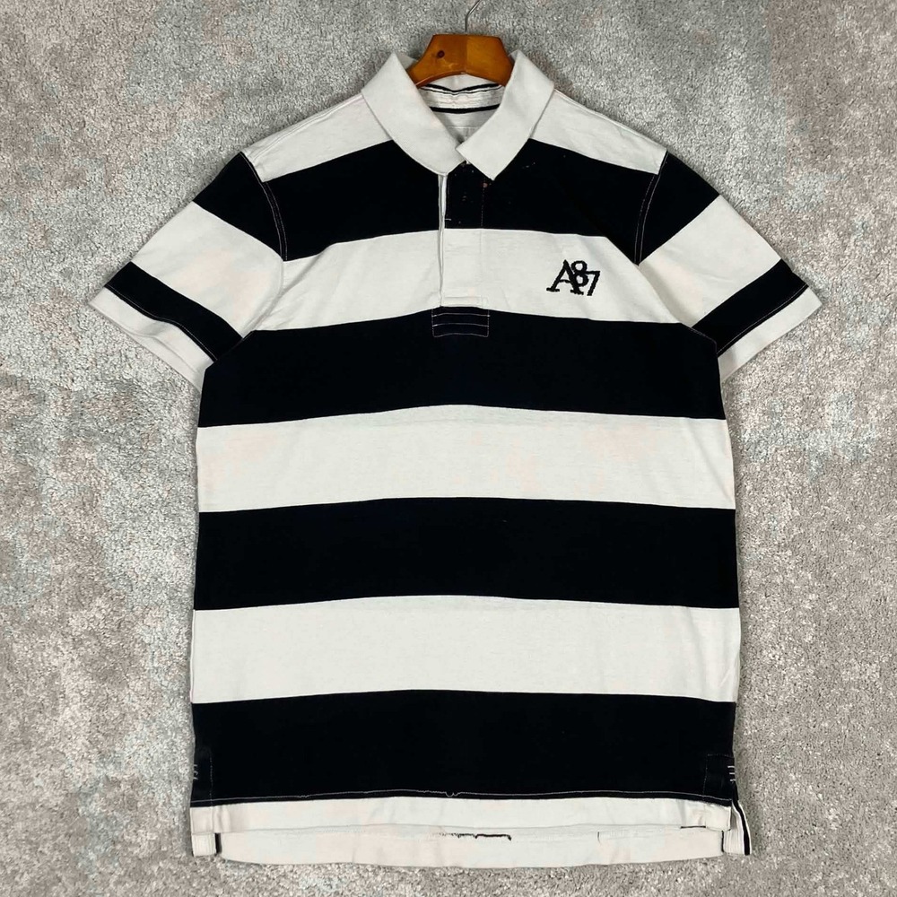 Aeropostale A87 Mens Large Rugby Polo Shirt Black White Striped Short Sleeve